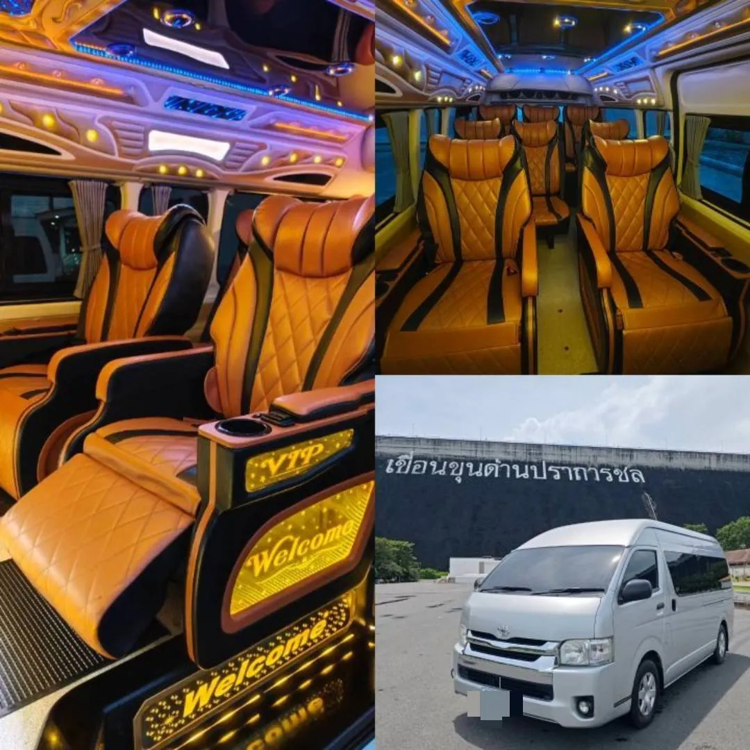 ภายในรถตู้ VIP ตกแต่งไฟและเบาะหนังสีส้ม พร้อมภาพรถตู้ด้านหน้า